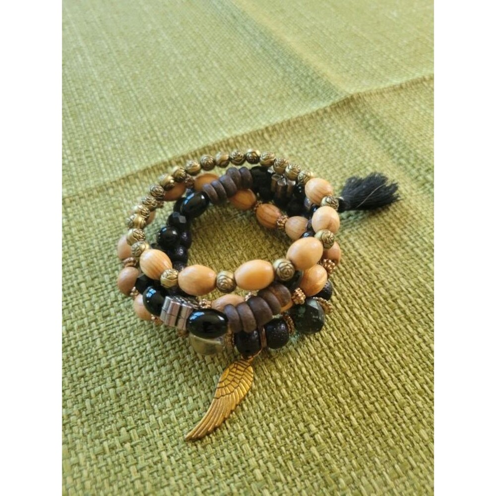Tan and black beaded bracelet set